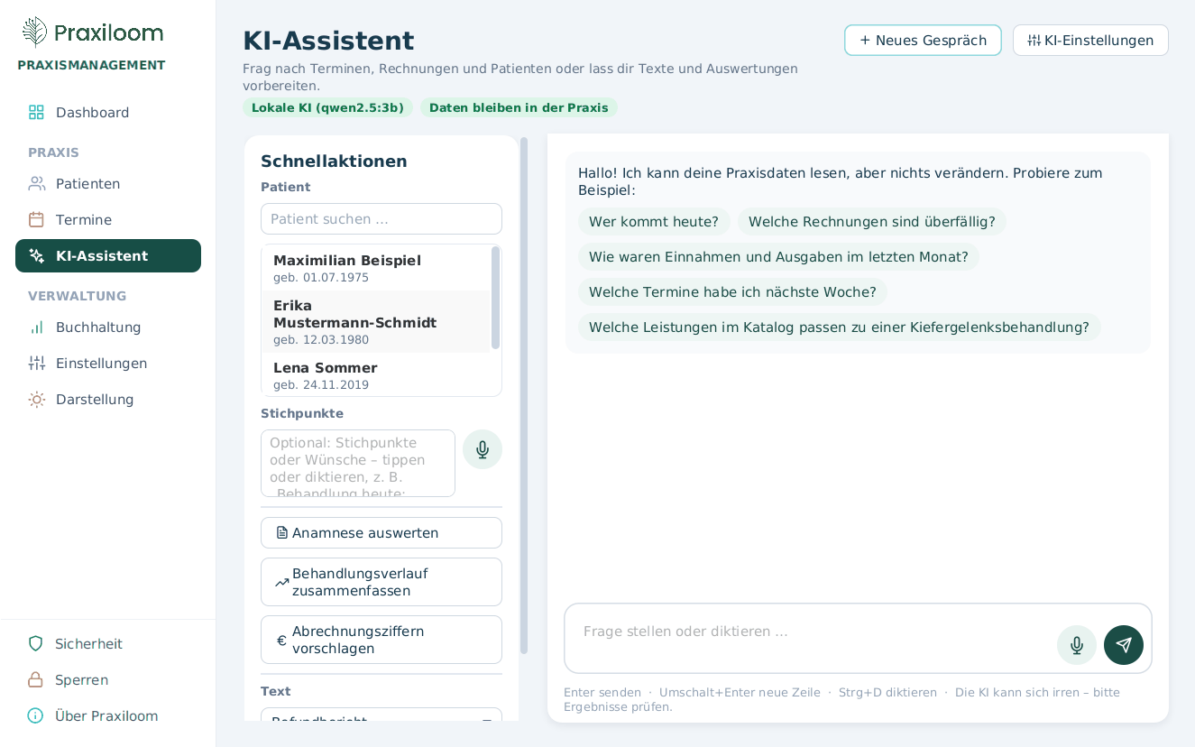 Der KI-Assistent von Praxiloom mit Schnellaktionen für Anamnese, Behandlungsverlauf und Abrechnung