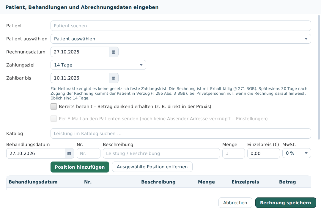 Neue Rechnung in Praxiloom mit Katalogsuche, Behandlungsdatum und Zahlungsziel