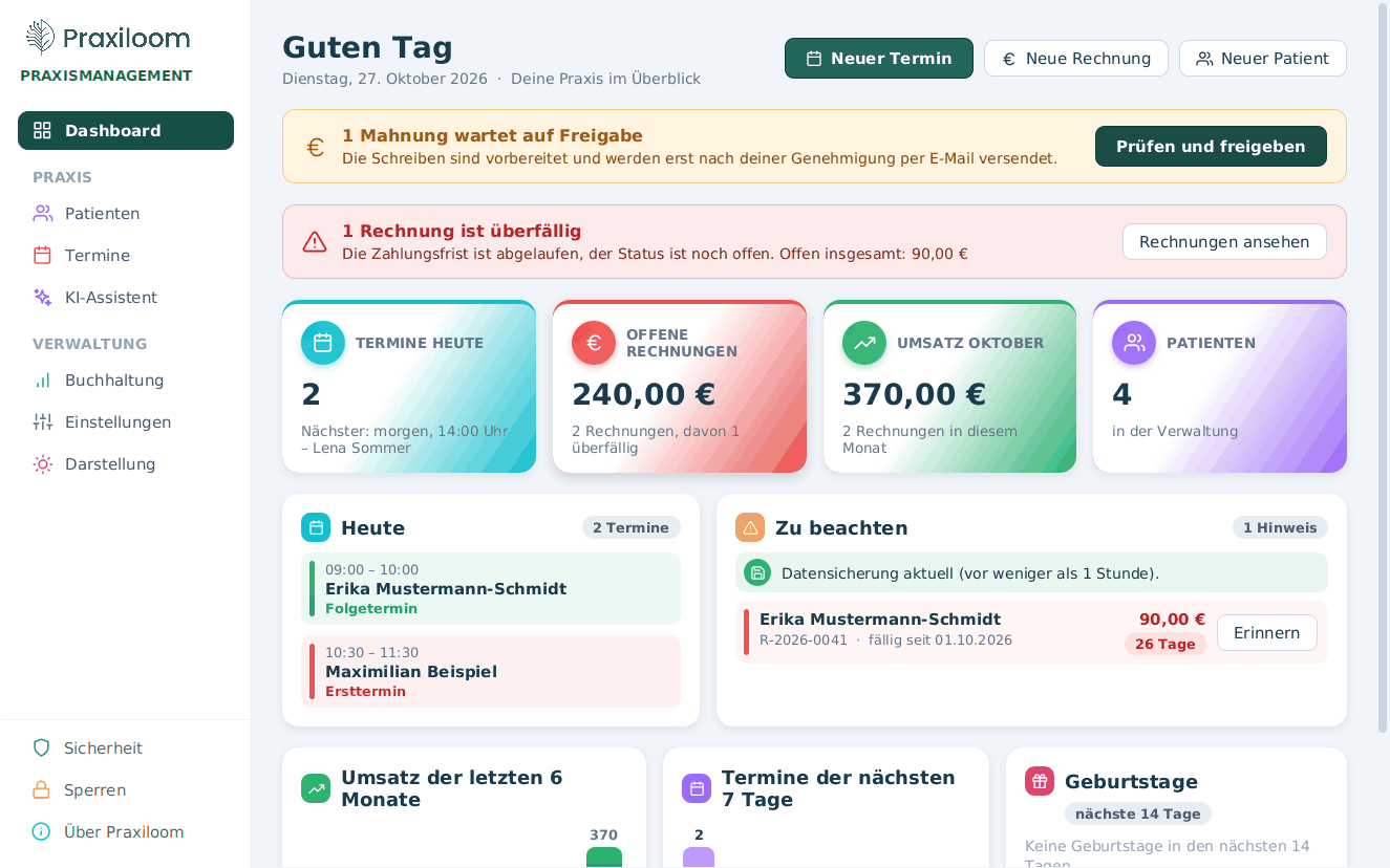 Praxiloom-Startseite mit heutigen Terminen, offenen Rechnungen und Umsatz des Monats