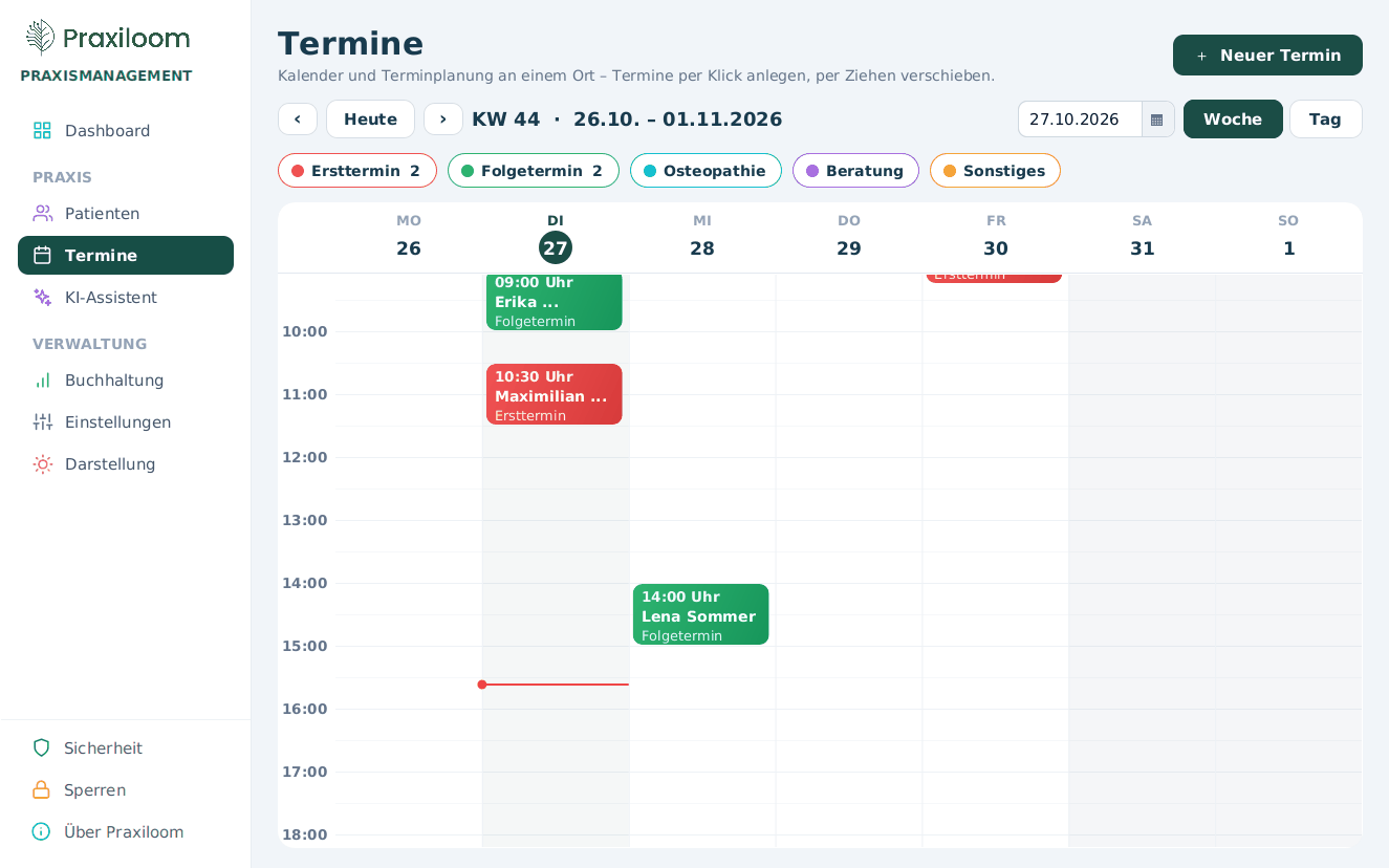 Der Terminkalender von Praxiloom in der Wochenansicht mit farbigen Terminarten